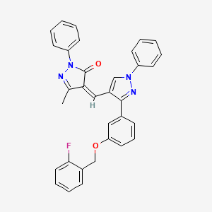 molecular formula C33H25FN4O2 B15109256 (4Z)-4-[(3-{3-[(2-fluorobenzyl)oxy]phenyl}-1-phenyl-1H-pyrazol-4-yl)methylidene]-5-methyl-2-phenyl-2,4-dihydro-3H-pyrazol-3-one 