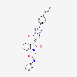 molecular formula C29H23N5O4S B15109501 2-{(3Z)-2-oxo-3-[6-oxo-2-(4-propoxyphenyl)[1,3]thiazolo[3,2-b][1,2,4]triazol-5(6H)-ylidene]-2,3-dihydro-1H-indol-1-yl}-N-phenylacetamide 