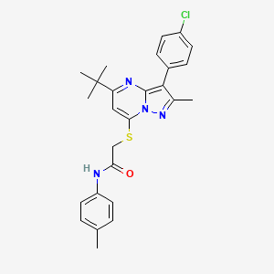 molecular formula C26H27ClN4OS B15109630 2-{[5-tert-butyl-3-(4-chlorophenyl)-2-methylpyrazolo[1,5-a]pyrimidin-7-yl]sulfanyl}-N-(4-methylphenyl)acetamide 