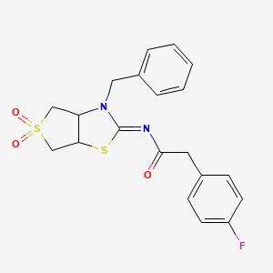 molecular formula C20H19FN2O3S2 B15109839 N-[(2Z)-3-benzyl-5,5-dioxidotetrahydrothieno[3,4-d][1,3]thiazol-2(3H)-ylidene]-2-(4-fluorophenyl)acetamide 