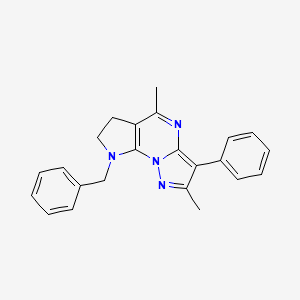 molecular formula C23H22N4 B15110080 2,5-Dimethyl-3-phenyl-8-benzyl-9-hydropyrazolo[1,5-a]2-pyrrolino[3,2-e]pyrimid ine 