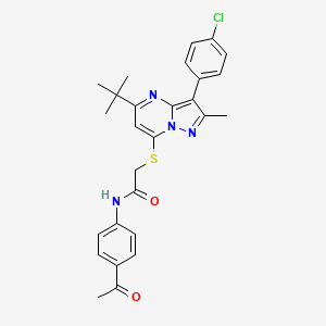 molecular formula C27H27ClN4O2S B15110724 N-(4-acetylphenyl)-2-{[5-tert-butyl-3-(4-chlorophenyl)-2-methylpyrazolo[1,5-a]pyrimidin-7-yl]sulfanyl}acetamide 