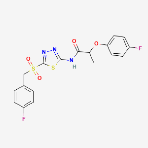 molecular formula C18H15F2N3O4S2 B15110786 N-(5-((4-fluorobenzyl)sulfonyl)-1,3,4-thiadiazol-2-yl)-2-(4-fluorophenoxy)propanamide 