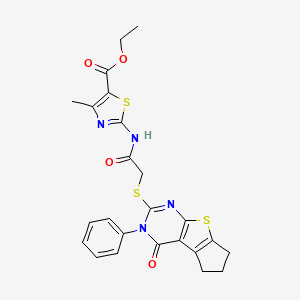 molecular formula C24H22N4O4S3 B15110794 Ethyl 4-methyl-2-[2-(4-oxo-3-phenyl(3,5,6,7-tetrahydrocyclopenta[2,1-d]pyrimid ino[4,5-b]thiophen-2-ylthio))acetylamino]-1,3-thiazole-5-carboxylate 