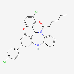 molecular formula C31H30Cl2N2O2 B15111669 1-[11-(3-chlorophenyl)-3-(4-chlorophenyl)-1-hydroxy-2,3,4,11-tetrahydro-10H-dibenzo[b,e][1,4]diazepin-10-yl]hexan-1-one 