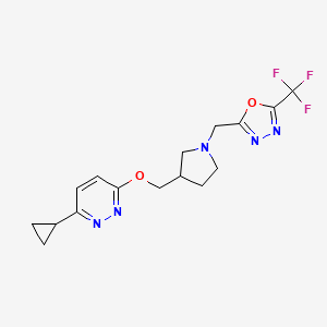 molecular formula C16H18F3N5O2 B15114358 3-Cyclopropyl-6-[(1-{[5-(trifluoromethyl)-1,3,4-oxadiazol-2-yl]methyl}pyrrolidin-3-yl)methoxy]pyridazine 