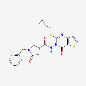 molecular formula C22H22N4O3S2 B15119536 1-benzyl-N-{2-[(cyclopropylmethyl)sulfanyl]-4-oxo-3H,4H-thieno[3,2-d]pyrimidin-3-yl}-5-oxopyrrolidine-3-carboxamide 