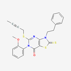 molecular formula C24H21N3O2S3 B15120396 5-(but-2-yn-1-ylsulfanyl)-6-(2-methoxyphenyl)-3-(2-phenylethyl)-2-sulfanylidene-2H,3H,6H,7H-[1,3]thiazolo[4,5-d]pyrimidin-7-one 