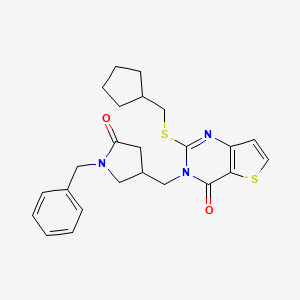 molecular formula C24H27N3O2S2 B15121552 1-benzyl-4-({2-[(cyclopentylmethyl)sulfanyl]-4-oxo-3H,4H-thieno[3,2-d]pyrimidin-3-yl}methyl)pyrrolidin-2-one 