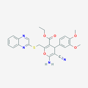 molecular formula C26H24N4O5S B15122238 Ethyl 6-amino-5-cyano-4-(3,4-dimethoxyphenyl)-2-[(quinoxalin-2-ylsulfanyl)methyl]-4H-pyran-3-carboxylate 