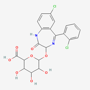 molecular formula C21H18Cl2N2O8 B15126575 6-[[7-Chloro-5-(2-chlorophenyl)-2-oxo-1,3-dihydro-1,4-benzodiazepin-3-yl]oxy]-3,4,5-trihydroxyoxane-2-carboxylic acid 