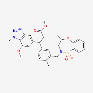 molecular formula C28H30N4O6S B15126697 3-(7-methoxy-1-methylbenzotriazol-5-yl)-3-[4-methyl-3-[(4-methyl-1,1-dioxo-3,4-dihydro-5,1λ6,2-benzoxathiazepin-2-yl)methyl]phenyl]propanoic acid 