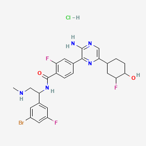 molecular formula C26H28BrClF3N5O2 B15127272 4-[3-amino-6-(3-fluoro-4-hydroxycyclohexyl)pyrazin-2-yl]-N-[1-(3-bromo-5-fluorophenyl)-2-(methylamino)ethyl]-2-fluorobenzamide;hydrochloride 