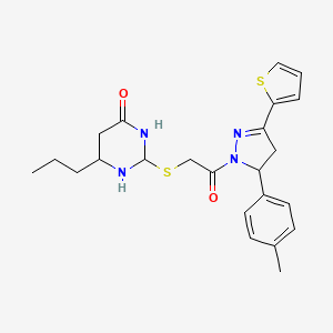 molecular formula C23H28N4O2S2 B15133191 2-({2-[5-(4-methylphenyl)-3-(thiophen-2-yl)-4,5-dihydro-1H-pyrazol-1-yl]-2-oxoethyl}sulfanyl)-6-propyl-3,4-dihydropyrimidin-4-one 