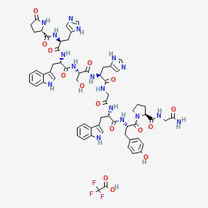 (2S)-N-[(2S)-1-[[(2S)-1-[[(2S)-1-[[(2S)-1-[[2-[[(2S)-1-[[(2S)-1-[(2S)-2-[(2-amino-2-oxoethyl)carbamoyl]pyrrolidin-1-yl]-3-(4-hydroxyphenyl)-1-oxopropan-2-yl]amino]-3-(1H-indol-3-yl)-1-oxopropan-2-yl]amino]-2-oxoethyl]amino]-3-(1H-imidazol-5-yl)-1-oxopropan-2-yl]amino]-3-hydroxy-1-oxopropan-2-yl]amino]-3-(1H-indol-3-yl)-1-oxopropan-2-yl]amino]-3-(1H-imidazol-5-yl)-1-oxopropan-2-yl]-5-oxopyrrolidine-2-carboxamide;2,2,2-trifluoroacetic acid