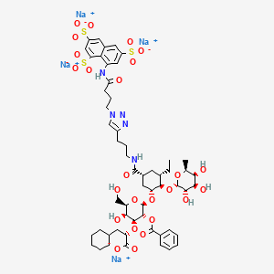 molecular formula C56H71N5Na4O25S3 B15134959 tetrasodium;(2S)-2-[(2R,3R,4S,5S,6R)-3-benzoyloxy-2-[(1R,2R,3S,5R)-3-ethyl-5-[3-[1-[4-oxo-4-[(3,6,8-trisulfonatonaphthalen-1-yl)amino]butyl]triazol-4-yl]propylcarbamoyl]-2-[(2S,3S,4R,5S,6S)-3,4,5-trihydroxy-6-methyloxan-2-yl]oxycyclohexyl]oxy-5-hydroxy-6-(hydroxymethyl)oxan-4-yl]oxy-3-cyclohexylpropanoate 