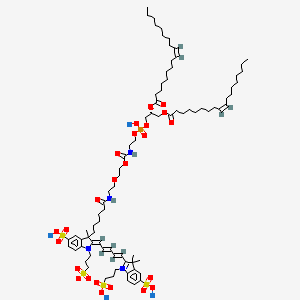 molecular formula C82H127N4Na4O24PS4 B15135229 tetrasodium;(2Z)-3-[6-[2-[2-[2-[[(2R)-2,3-bis[[(Z)-octadec-9-enoyl]oxy]propoxy]-oxidophosphoryl]oxyethylcarbamoyloxy]ethoxy]ethylamino]-6-oxohexyl]-2-[(2E,4E)-5-[3,3-dimethyl-5-sulfonato-1-(3-sulfonatopropyl)indol-1-ium-2-yl]penta-2,4-dienylidene]-3-methyl-1-(3-sulfonatopropyl)indole-5-sulfonate 