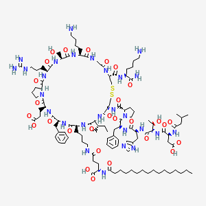 (2S)-5-[4-[(3S,6S,9S,12S,15R,20R,26S,29S,32S,35S)-26-(4-aminobutyl)-6-benzyl-12-[(2S)-butan-2-yl]-32-(3-carbamimidamidopropyl)-3-(2-carboxyethyl)-15-[[(2S)-1-[(2S)-2-[[(2S)-2-[[(2S,3R)-2-[[(2S)-3-carboxy-2-(3-methylbutanoylamino)propanoyl]amino]-3-hydroxybutanoyl]amino]-3-(1H-imidazol-5-yl)propanoyl]amino]-3-phenylpropanoyl]pyrrolidine-2-carbonyl]amino]-20-[[(2S)-1,6-diamino-1-oxohexan-2-yl]carbamoyl]-29-(hydroxymethyl)-2,5,8,11,14,22,25,28,31,34-decaoxo-17,18-dithia-1,4,7,10,13,21,24,27,30,33-decazabicyclo[33.3.0]octatriacontan-9-yl]butylamino]-2-(hexadecanoylamino)-5-oxopentanoic acid