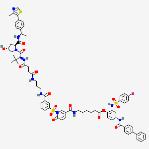 molecular formula C74H79FN10O15S3 B15137187 [2-[(4-fluorophenyl)sulfonylamino]-4-[(4-phenylbenzoyl)amino]phenyl] 6-[[1-[3-[3-[[4-[[(2S)-1-[(2S,4R)-4-hydroxy-2-[[(1S)-1-[4-(4-methyl-1,3-thiazol-5-yl)phenyl]ethyl]carbamoyl]pyrrolidin-1-yl]-3,3-dimethyl-1-oxobutan-2-yl]amino]-4-oxobutanoyl]amino]propylcarbamoyl]phenyl]sulfonyl-6-oxopyridine-3-carbonyl]amino]hexanoate 