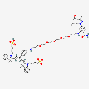 molecular formula C71H95N7O13S2 B15145325 4-[(2E)-2-[(2Z,4E)-3-[4-[[3-[2-[2-[2-[2-[3-[2-carbamoyl-5-(3,6,6-trimethyl-4-oxo-5,7-dihydroindazol-1-yl)anilino]propoxy]ethoxy]ethoxy]ethoxy]ethoxy]propylamino]methyl]phenyl]-5-[3,3-dimethyl-1-(4-sulfobutyl)indol-1-ium-2-yl]penta-2,4-dienylidene]-3,3-dimethylindol-1-yl]butane-1-sulfonate 