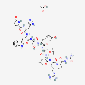 molecular formula C61H88N18O16 B15146110 acetic acid;N-[1-[[1-[[1-[[1-[[1-[[1-[[1-[2-[(carbamoylamino)carbamoyl]pyrrolidin-1-yl]-5-(diaminomethylideneamino)-1-oxopentan-2-yl]amino]-4-methyl-1-oxopentan-2-yl]amino]-3-[(2-methylpropan-2-yl)oxy]-1-oxopropan-2-yl]amino]-3-(4-hydroxyphenyl)-1-oxopropan-2-yl]amino]-3-hydroxy-1-oxopropan-2-yl]amino]-3-(1H-indol-3-yl)-1-oxopropan-2-yl]amino]-3-(1H-imidazol-5-yl)-1-oxopropan-2-yl]-5-oxopyrrolidine-2-carboxamide 