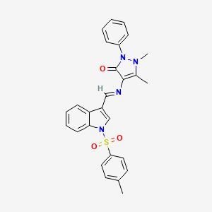 molecular formula C27H24N4O3S B15147839 1,5-dimethyl-4-{[(E)-{1-[(4-methylphenyl)sulfonyl]-1H-indol-3-yl}methylidene]amino}-2-phenyl-1,2-dihydro-3H-pyrazol-3-one 