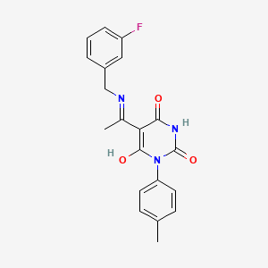 (5E)-5-{1-[(3-fluorobenzyl)amino]ethylidene}-1-(4-methylphenyl)pyrimidine-2,4,6(1H,3H,5H)-trione