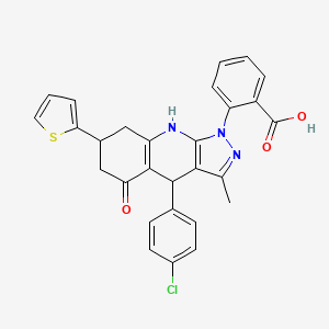 molecular formula C28H22ClN3O3S B15154872 2-[4-(4-chlorophenyl)-3-methyl-5-oxo-7-(thiophen-2-yl)-4,5,6,7,8,9-hexahydro-1H-pyrazolo[3,4-b]quinolin-1-yl]benzoic acid 