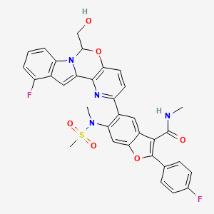 molecular formula C33H26F2N4O6S B1515910 3-Benzofurancarboxamide, 5-[11-fluoro-6-(hydroxymethyl)-6H-pyrido[2',3':5,6][1,3]oxazino[3,4-a]indol-2-yl]-2-(4-fluorophenyl)-N-methyl-6-[methyl(methylsulfonyl)amino]- 