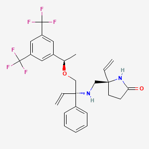 molecular formula C27H28F6N2O2 B1516407 (R)-5-((((S)-1-((R)-1-(3,5-Bis(trifluoromethyl)phenyl)ethoxy)-2-phenylbut-3-en-2-yl)amino)methyl)-5-vinylpyrrolidin-2-one 