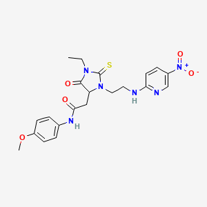 2-(1-ethyl-3-{2-[(5-nitropyridin-2-yl)amino]ethyl}-5-oxo-2-thioxoimidazolidin-4-yl)-N-(4-methoxyphenyl)acetamide