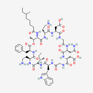 2-[(3S,6S,9S,12S,18R,21R,27S,30R,33S,34R)-6,30-bis(2-aminoethyl)-21-(2-amino-2-oxoethyl)-3-benzyl-9-[(2S)-butan-2-yl]-18-(carboxymethyl)-12-(1H-indol-3-ylmethyl)-34-methyl-33-(6-methyloctanoylamino)-2,5,8,11,14,17,20,23,26,29,32-undecaoxo-1-oxa-4,7,10,13,16,19,22,25,28,31-decazacyclotetratriacont-27-yl]acetic acid