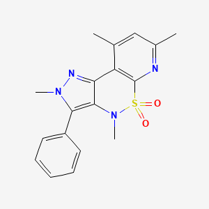 molecular formula C18H18N4O2S B15182392 Pyrazolo(4,3-c)pyrido(3,2-e)(1,2)thiazine, 2,4-dihydro-3-phenyl-2,4,7,9-tetramethyl-, 5,5-dioxide CAS No. 162255-92-7