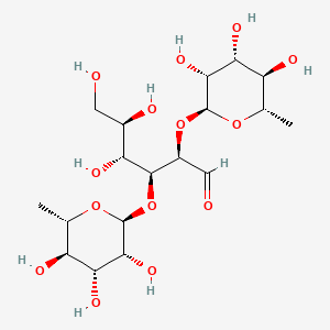 molecular formula C18H32O14 B15183329 D-Glucose, O-6-deoxy-alpha-L-mannopyranosyl-(1-2)-O-(6-deoxy-alpha-L-mannopyranosyl-(1-4))- CAS No. 550-72-1