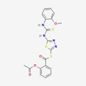 molecular formula C19H16N4O4S3 B15183404 Benzenecarbothioic acid, 2-(acetyloxy)-, S-(5-((((2-methoxyphenyl)amino)thioxomethyl)amino)-1,1,3,4-thiadiazol-2-yl) ester CAS No. 86910-93-2