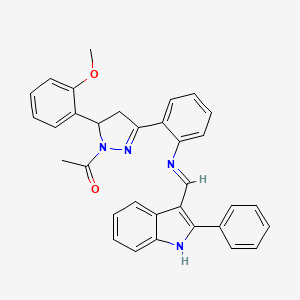 molecular formula C33H28N4O2 B15183413 1H-Pyrrole, 1-acetyl-4,5-dihydro-5-(2-methoxyphenyl)-3-(2-(((2-phenyl-1H-indol-3-yl)methylene)amino)phenyl)- CAS No. 133381-51-8