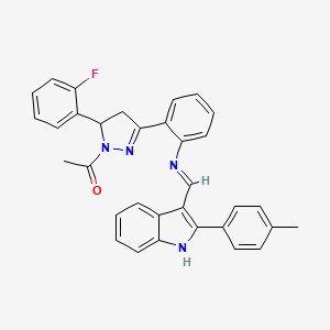 1H-Pyrazole, 1-acetyl-4,5-dihydro-5-(2-fluorophenyl)-3-(2-(((4-methylphenyl)-1H-indol-3-yl)methylene)amino)phenyl)-