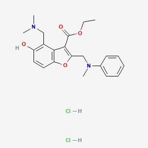 molecular formula C22H28Cl2N2O4 B15184307 3-Benzofurancarboxylic acid, 4-((dimethylamino)methyl)-5-hydroxy-2-((N-methylanilino)methyl)-, ethyl ester, dihydrochloride CAS No. 85388-74-5