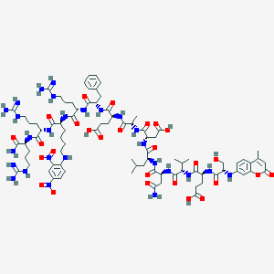 (4S)-5-[[(2S)-1-[[(2S)-1-[[(2S)-1-[[(2S)-1-[[(2S)-1-amino-5-carbamimidamido-1-oxopentan-2-yl]amino]-5-carbamimidamido-1-oxopentan-2-yl]amino]-6-(2,4-dinitroanilino)-1-oxohexan-2-yl]amino]-5-carbamimidamido-1-oxopentan-2-yl]amino]-1-oxo-3-phenylpropan-2-yl]amino]-4-[[(2S)-2-[[(2S)-2-[[(2S)-2-[[(2S)-4-amino-2-[[(2S)-2-[[(2S)-4-carboxy-2-[[(2S)-3-hydroxy-2-[(4-methyl-2-oxochromen-7-yl)amino]propanoyl]amino]butanoyl]amino]-3-methylbutanoyl]amino]-4-oxobutanoyl]amino]-4-methylpentanoyl]amino]-3-carboxypropanoyl]amino]propanoyl]amino]-5-oxopentanoic acid