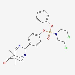 Phosphoramidic acid, bis(2-chloroethyl)-, 4-(5,7-dimethyl-6-oxo-1,3-diazatricyclo(3.3.1.1(sup 3,7))dec-2-yl)phenyl phenyl ester