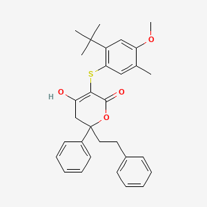 molecular formula C31H34O4S B15184653 5-[(2-Tert-butyl-4-methoxy-5-methylphenyl)sulfanyl]-6-hydroxy-2-phenyl-2-(2-phenylethyl)-2,3-dihydro-4h-pyran-4-one CAS No. 197915-29-0