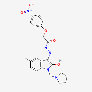 molecular formula C22H23N5O5 B15185696 Acetic acid, (4-nitrophenoxy)-, (1,2-dihydro-5-methyl-2-oxo-1-(1-pyrrolidinylmethyl)-3H-indol-3-ylidene)hydrazide CAS No. 81215-61-4