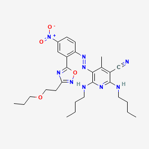 molecular formula C28H37N9O4 B15186513 2,6-Bis(butylamino)-4-methyl-5-((4-nitro-2-(3-(2-propoxyethyl)-1,2,4-oxadiazol-5-yl)phenyl)azo)nicotinonitrile CAS No. 85392-22-9