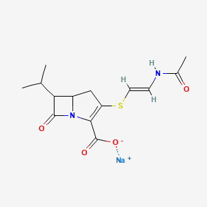 molecular formula C14H17N2NaO4S B15186569 sodium;3-[(E)-2-acetamidoethenyl]sulfanyl-7-oxo-6-propan-2-yl-1-azabicyclo[3.2.0]hept-2-ene-2-carboxylate CAS No. 82863-04-5