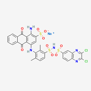 molecular formula C30H20Cl2N5NaO9S3 B15186688 Sodium 1-amino-4-(3-(((2,3-dichloro-6-quinoxalinyl)sulphonyl)sulphamoyl)-2,6-dimethylphenyl)amino-9,10-dihydro-9,10-dioxoanthracene-2-sulphonate CAS No. 97375-13-8