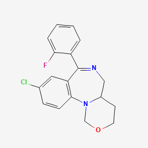 molecular formula C18H16ClFN2O B15191143 9-Chloro-7-(2-fluorophenyl)-3,4,4a,5-tetrahydro-1H-(1,3)oxazino(3,4-a)(1,4)benzodiazepine CAS No. 112634-57-8