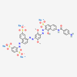 molecular formula C41H28N8Na4O16S4 B15194441 1,4-Benzenedisulfonic acid, 2-((4-((4-((7-((4-aminobenzoyl)amino)-1-hydroxy-3-sulfo-2-naphthalenyl)azo)-2,5-dimethoxyphenyl)azo)-6-sulfo-1-naphthalenyl)azo)-, tetrasodium salt CAS No. 72245-47-7