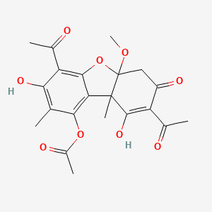 molecular formula C21H22O9 B15197338 1(4H)-Dibenzofuranone, 2,6-diacetyl-9-(acetyloxy)-4a,9b-dihydro-3,7-dihydroxy-4a-methoxy-8,9b-dimethyl- CAS No. 71368-51-9