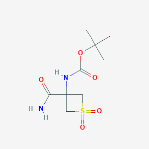 molecular formula C9H16N2O5S B15203740 tert-Butyl N-(3-carbamoyl-1,1-dioxo-thietan-3-yl)carbamate 