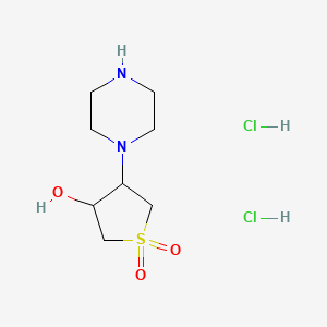 molecular formula C8H18Cl2N2O3S B1520452 3-Hydroxy-4-(piperazin-1-yl)-1lambda6-thiolane-1,1-dione dihydrochloride CAS No. 1235441-10-7